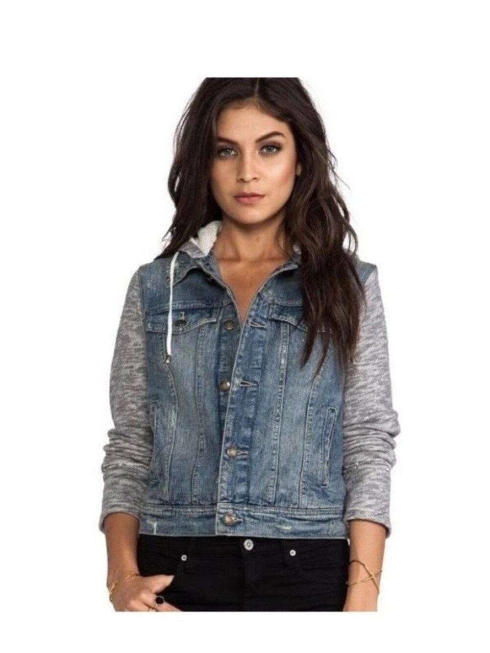 Free People Denim Knit Sleeve Hooded Hoodie Jacket Women's Size XS